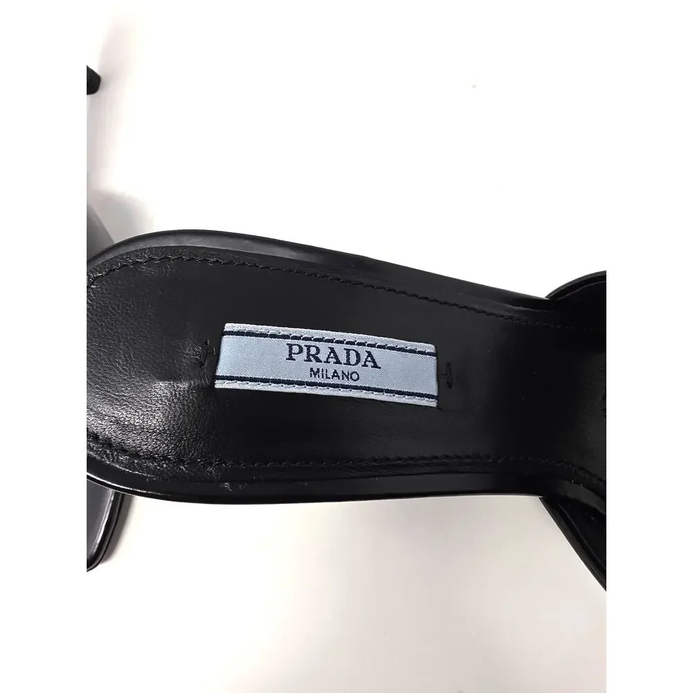 Prada Black Leather Triangle Logo Mule Slide Sandals Square Open Toe Heels 39 9